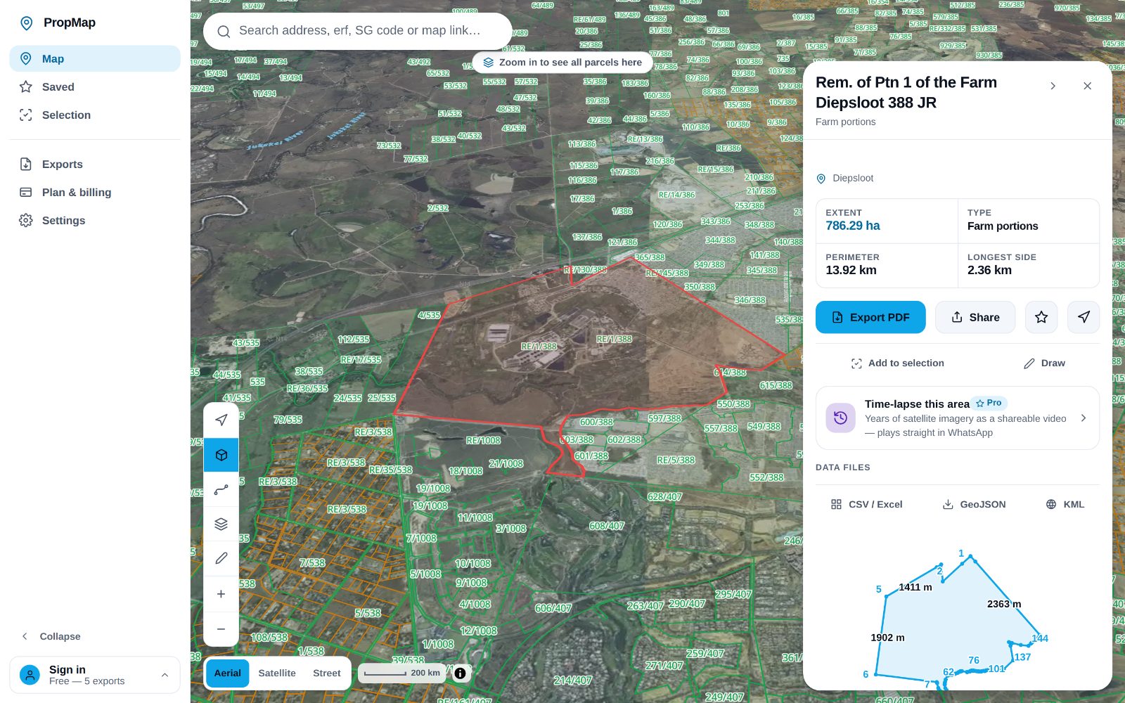 PropMap showing Steyn City in Midrand: the registered farm-portion boundary drawn over aerial imagery, with extent, perimeter and the parcel diagram in the side panel.