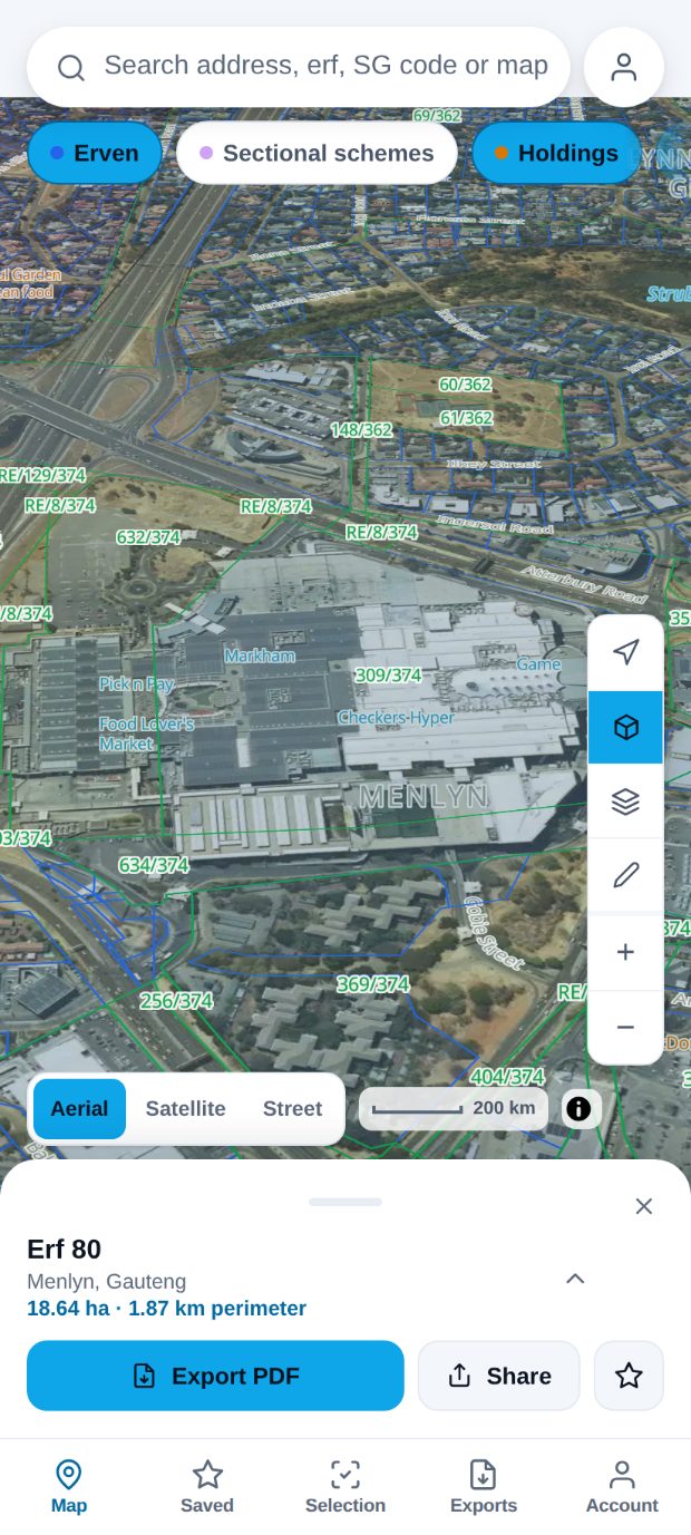 PropMap on a phone: Erf 80 in Menlyn, Pretoria, with the registered boundary over aerial imagery and a card showing 18.64 ha and a 1.87 km perimeter.