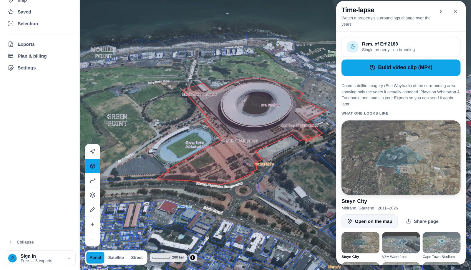 The time-lapse panel in PropMap, showing example reels for South African landmarks.