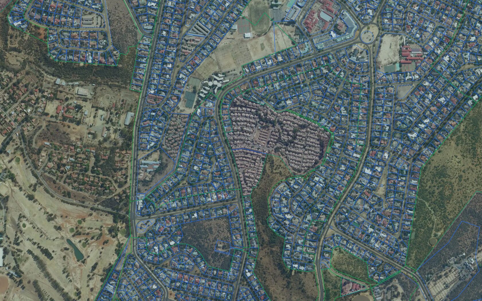 Every property in a South African suburb outlined on satellite imagery